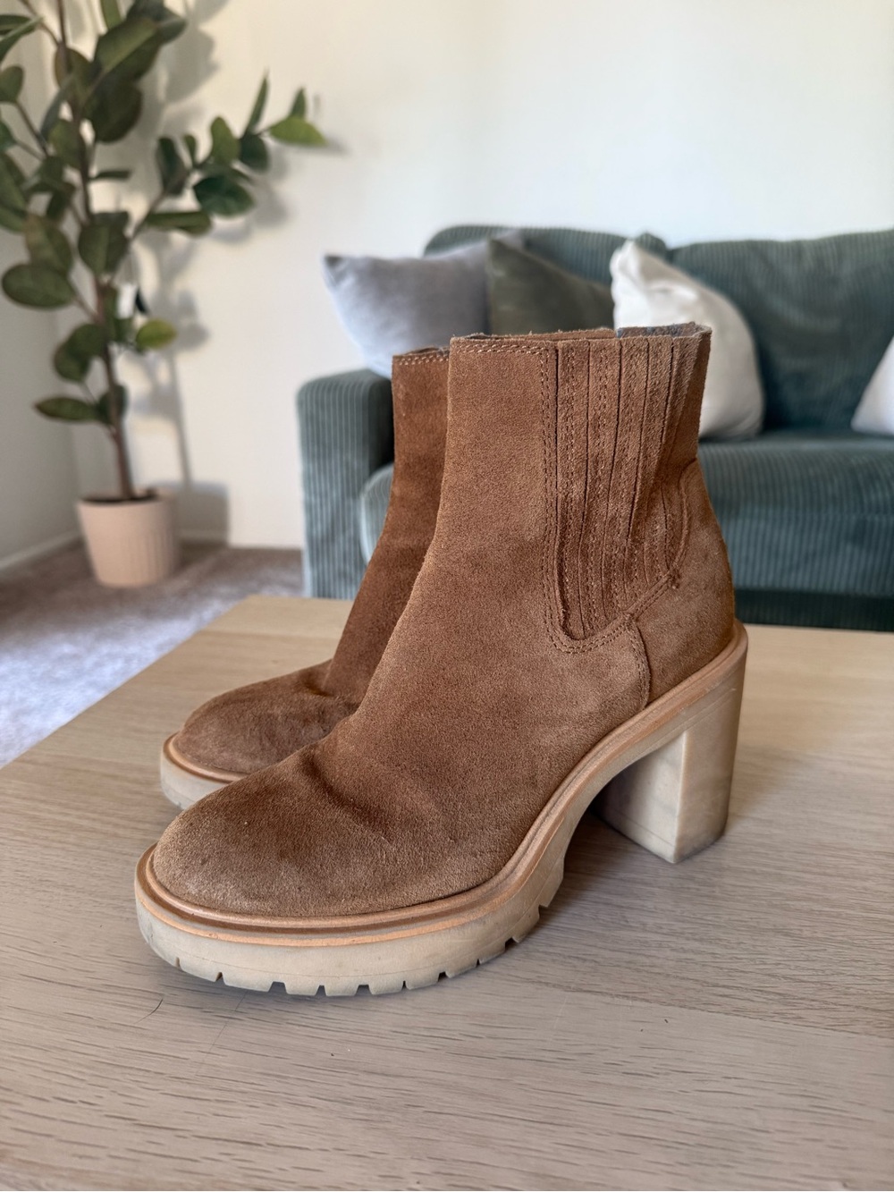 Dolce Vita Tan Suede Chunky Heel Ankle Boots
